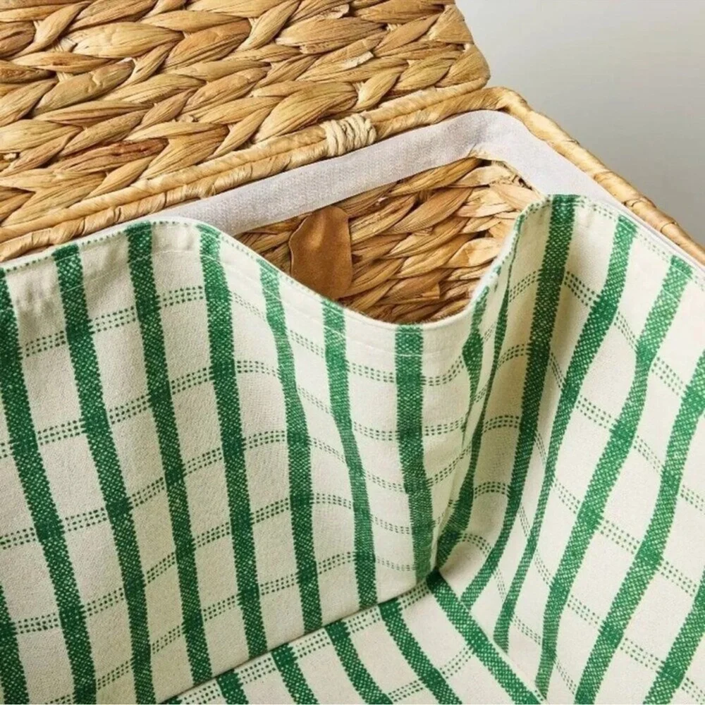 Hearth & Hand Magnolia Natural Woven Picnic Basket with Green Plaid Liner NWOT